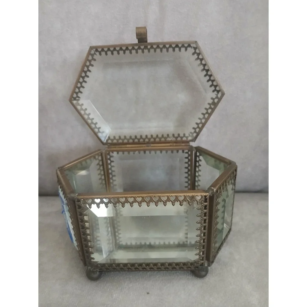 Vintage Beveled Glass Brass Hexagon Jewelry Box Butterfly Trinket Mirror Bottom